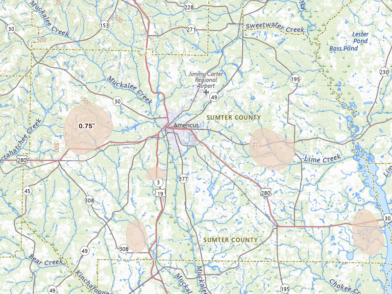 Radar-estimated hail-size map of the storm over Americus, GA on Aug 13, 2026