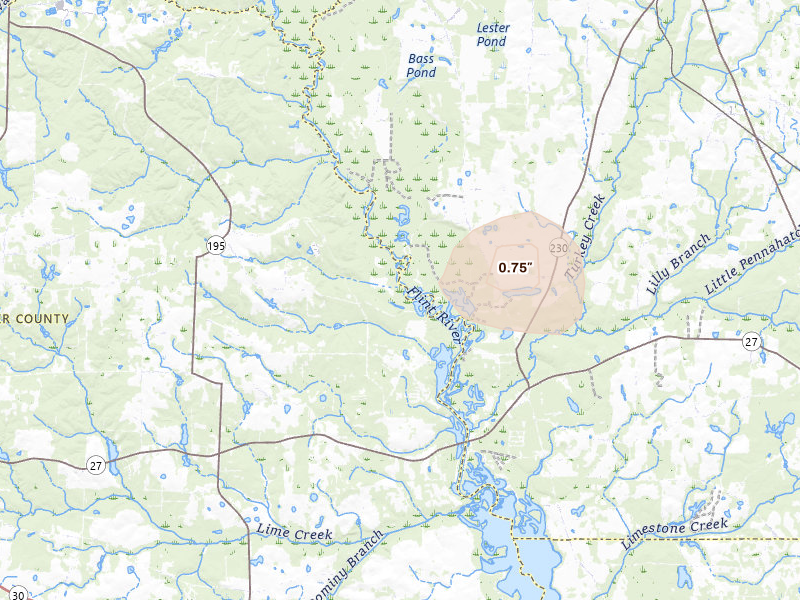 Radar-estimated hail-size map of the storm over Americus, GA on Aug 14, 2026