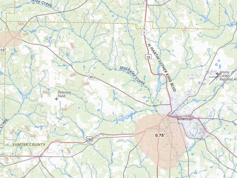 Radar-estimated hail-size map of the storm over Americus, GA on Aug 20, 2026