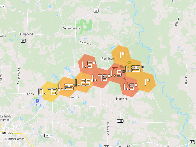 Hail map of Andersonville, GA on Jul 9, 2026, hail up to 1.75"