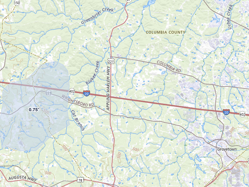 NEXRAD radar-signature map of the hail storm over Appling, GA on Aug 6, 2026