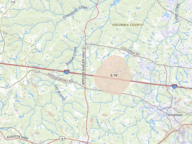 Radar-estimated hail-size map of the storm over Appling, GA on Aug 10, 2026
