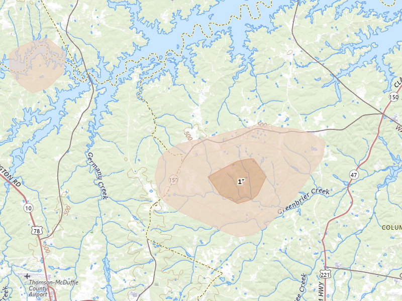 Radar-estimated hail-size map of the storm over Appling, GA on Aug 21, 2026