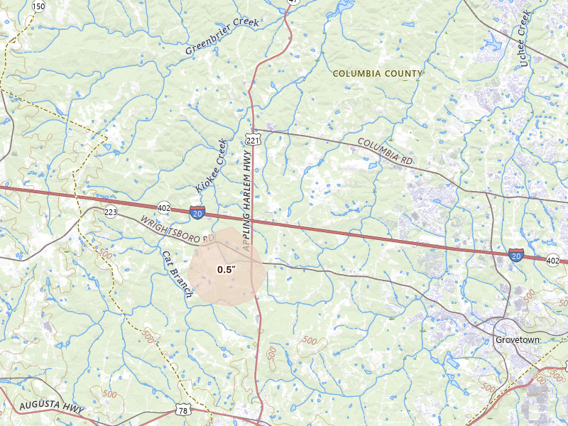Radar-estimated hail-size map of the storm over Appling, GA on Aug 27, 2026