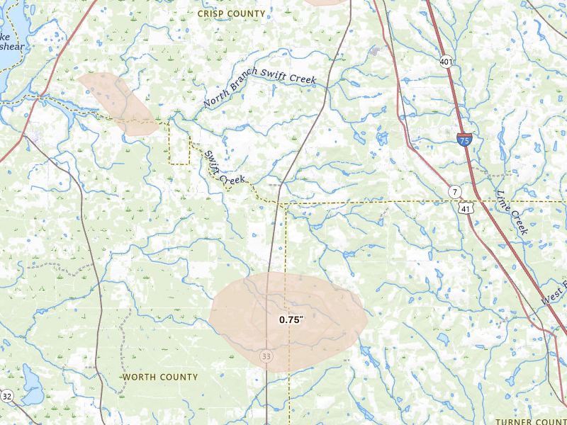 Radar-estimated hail-size map of the storm over Arabi, GA on Jul 10, 2026