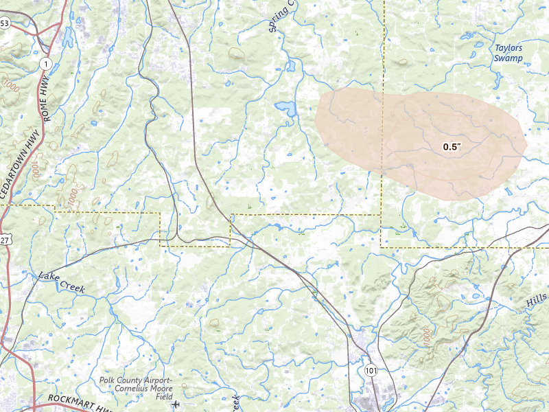 Radar-estimated hail-size map of the storm over Aragon, GA on Jul 3, 2026