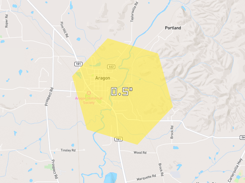 Hail map of Aragon, GA on Jul 29, 2026, hail up to 0.5"