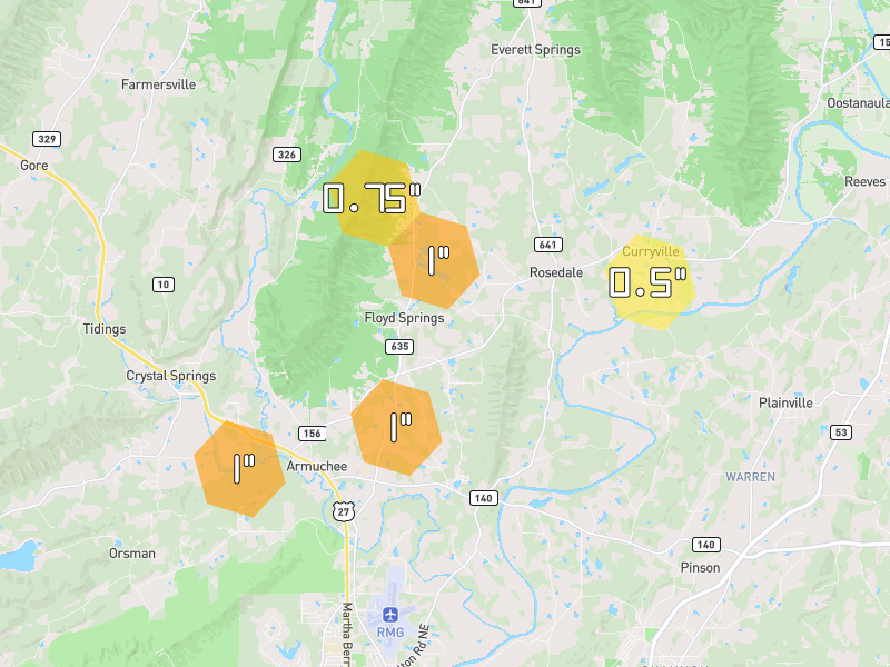 Hail map of Armuchee, GA on Jul 3, 2026, hail up to 1"