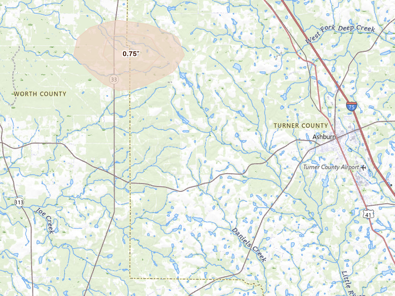 Radar-estimated hail-size map of the storm over Ashburn, GA on Jul 10, 2026