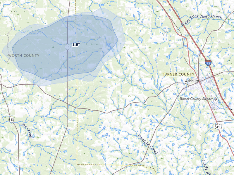 NEXRAD radar-signature map of the hail storm over Ashburn, GA on Jul 10, 2026
