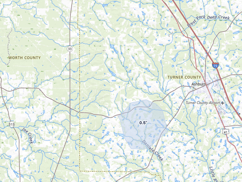 NEXRAD radar-signature map of the hail storm over Ashburn, GA on Jul 12, 2026