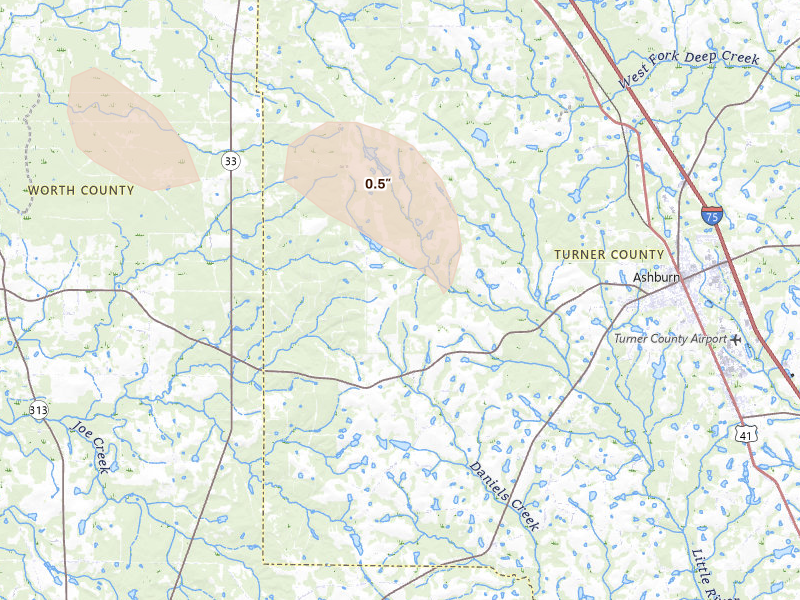 Radar-estimated hail-size map of the storm over Ashburn, GA on Jul 29, 2026