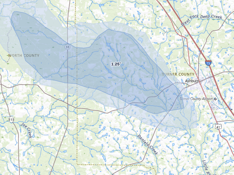 NEXRAD radar-signature map of the hail storm over Ashburn, GA on Jul 29, 2026