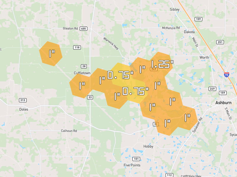 Hail map of Ashburn, GA on Jul 29, 2026, hail up to 1.25"