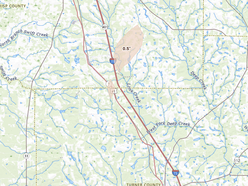 Radar-estimated hail-size map of the storm over Ashburn, GA on Aug 9, 2026