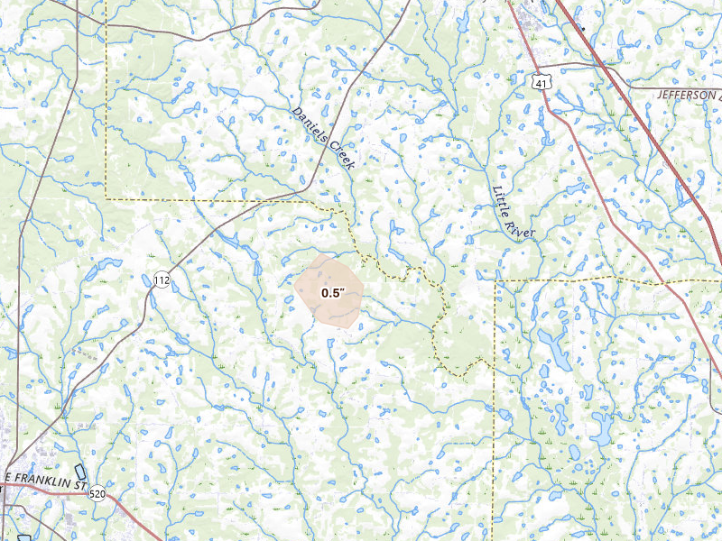 Radar-estimated hail-size map of the storm over Ashburn, GA on Aug 13, 2026
