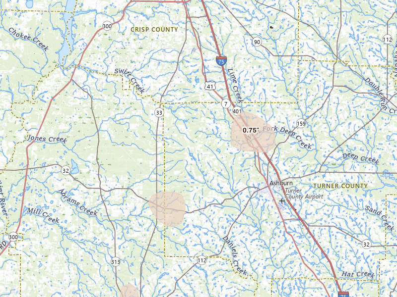 Radar-estimated hail-size map of the storm over Ashburn, GA on Aug 22, 2026