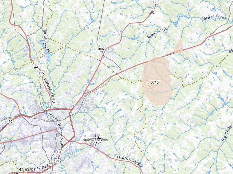 Radar-estimated hail-size map of the storm over Athens, GA on May 17, 2026