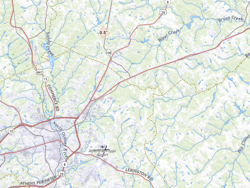 Radar-estimated hail-size map of the storm over Athens, GA on Jun 29, 2026