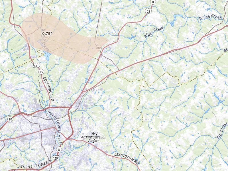 Radar-estimated hail-size map of the storm over Athens, GA on Jul 10, 2026