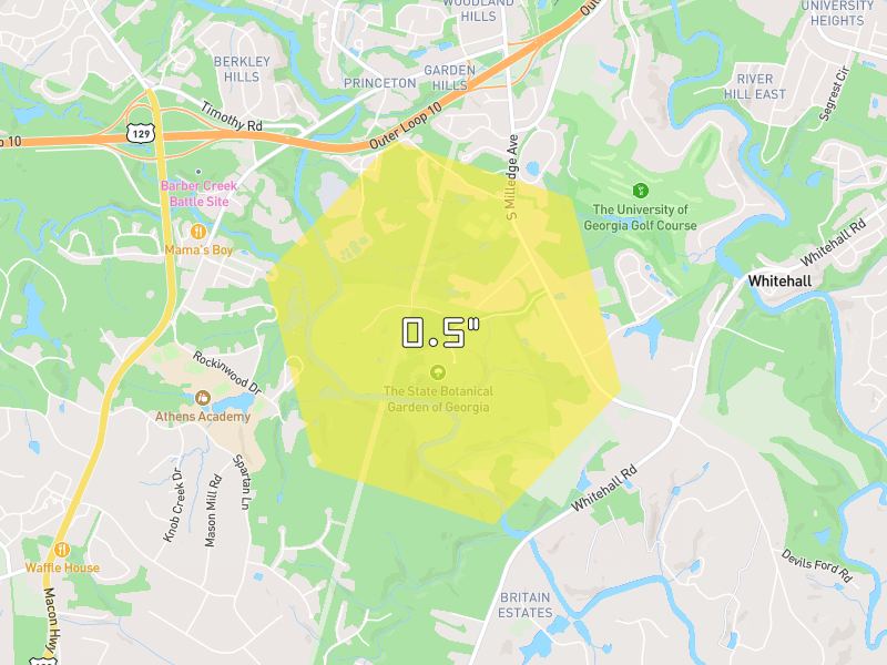 Hail map of Athens, GA on Jul 11, 2026, hail up to 0.5"