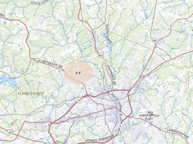 Radar-estimated hail-size map of the storm over Athens, GA on Aug 4, 2026