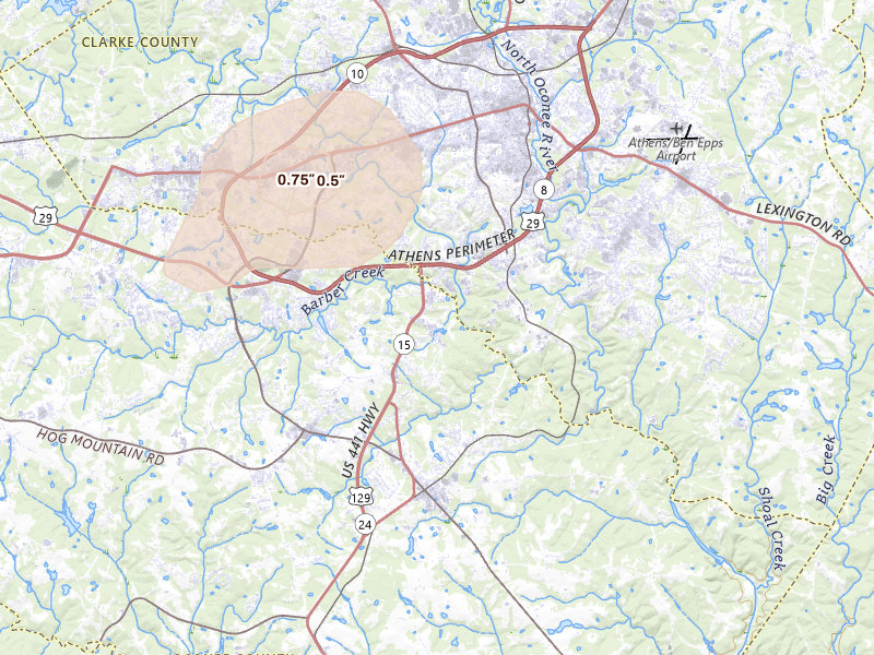 Radar-estimated hail-size map of the storm over Athens, GA on Aug 28, 2026