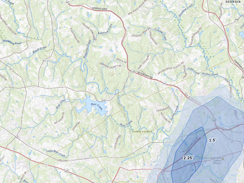 NEXRAD radar-signature map of the hail storm over Athens, GA on Aug 28, 2026