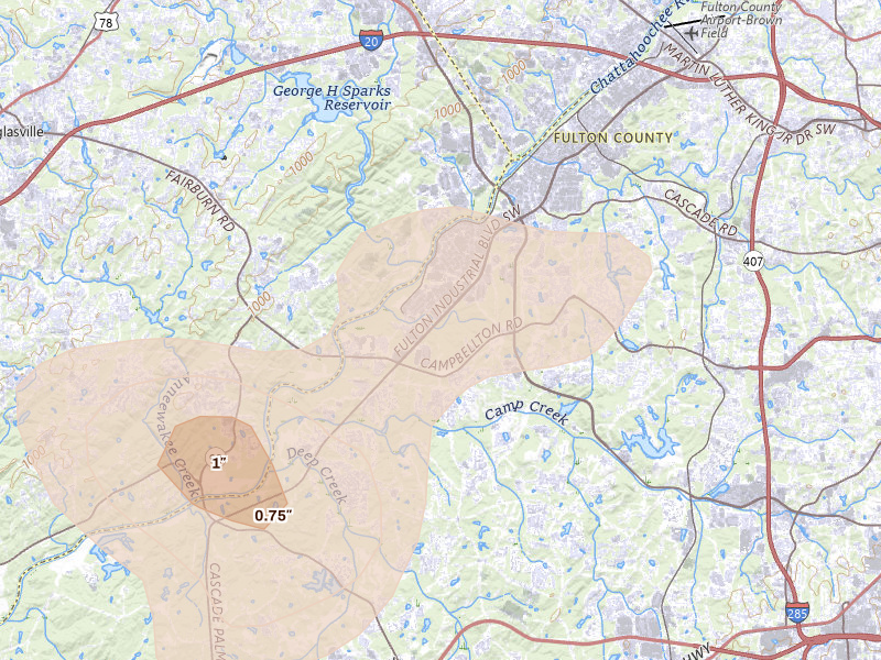 Radar-estimated hail-size map of the storm over Atlanta, GA on Jul 1, 2026