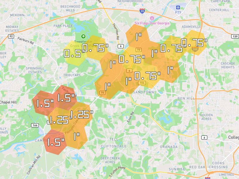 Hail map of Atlanta, GA on Jul 1, 2026, hail up to 1.5"