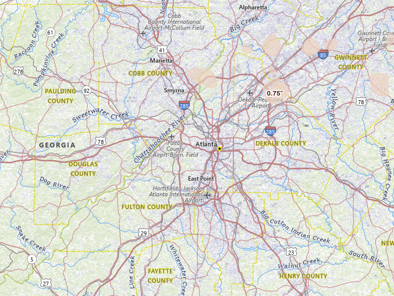 Radar-estimated hail-size map of the storm over Atlanta, GA on Jul 4, 2026