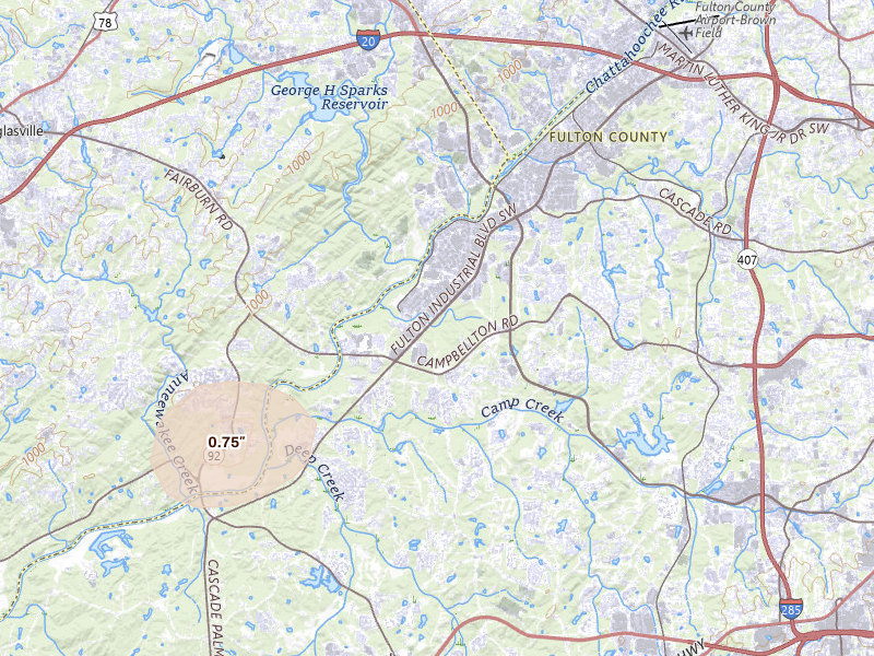 Radar-estimated hail-size map of the storm over Atlanta, GA on Jul 9, 2026