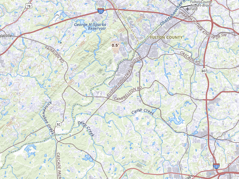 Radar-estimated hail-size map of the storm over Atlanta, GA on Jul 11, 2026