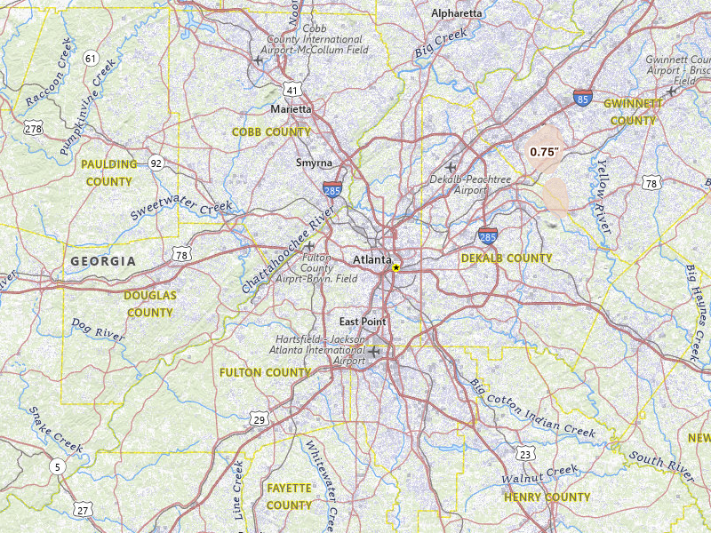 Radar-estimated hail-size map of the storm over Atlanta, GA on Jul 16, 2026