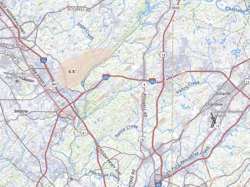 Radar-estimated hail-size map of the storm over Atlanta, GA on Aug 9, 2026