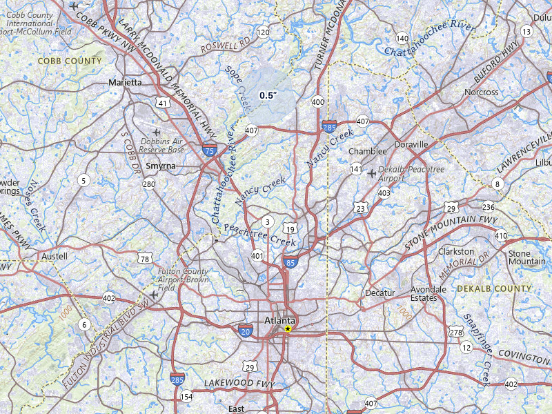NEXRAD radar-signature map of the hail storm over Atlanta, GA on Aug 9, 2026