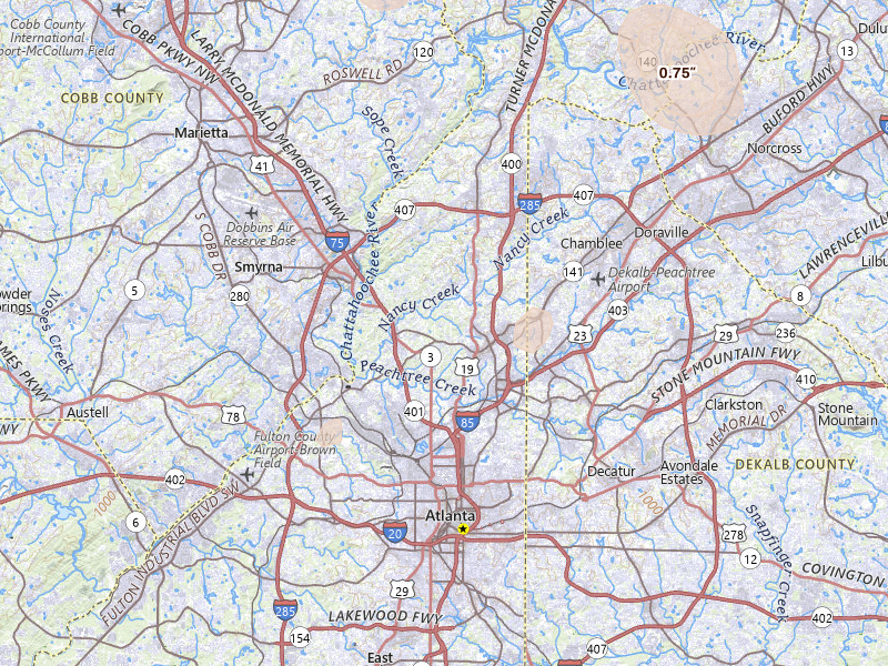 Radar-estimated hail-size map of the storm over Atlanta, GA