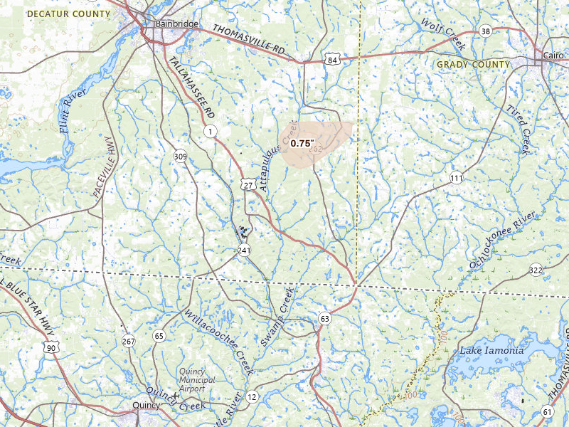 Radar-estimated hail-size map of the storm over Attapulgus, GA on Jul 10, 2026