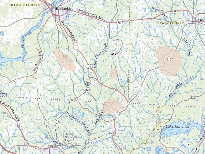 Radar-estimated hail-size map of the storm over Attapulgus, GA on Jul 30, 2026