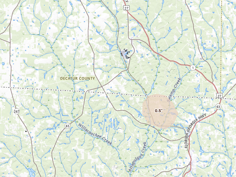 Radar-estimated hail-size map of the storm over Attapulgus, GA on Aug 12, 2026