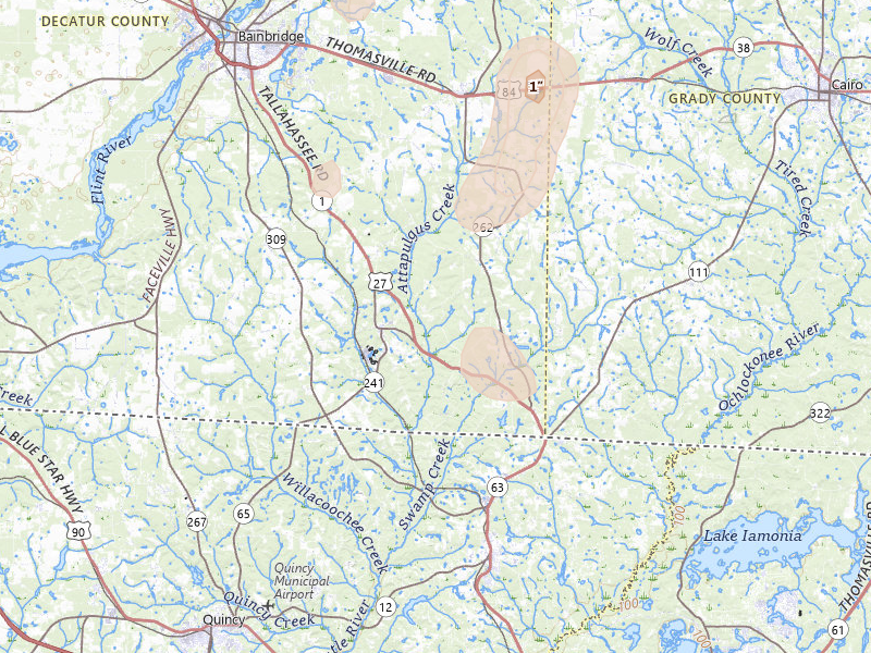 Radar-estimated hail-size map of the storm over Attapulgus, GA on Aug 19, 2026