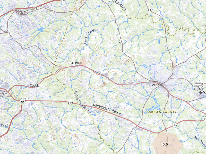 Radar-estimated hail-size map of the storm over Auburn, GA on Jul 10, 2026