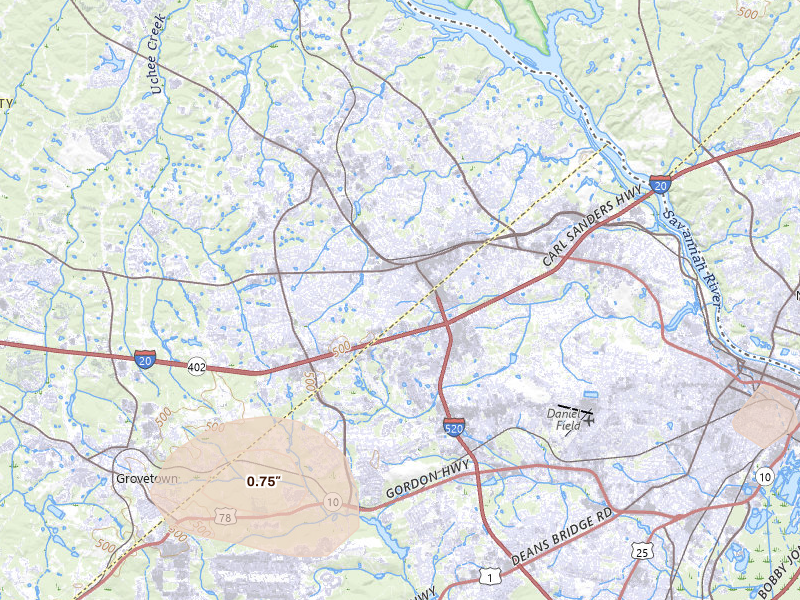 Radar-estimated hail-size map of the storm over Augusta, GA on Jul 10, 2026