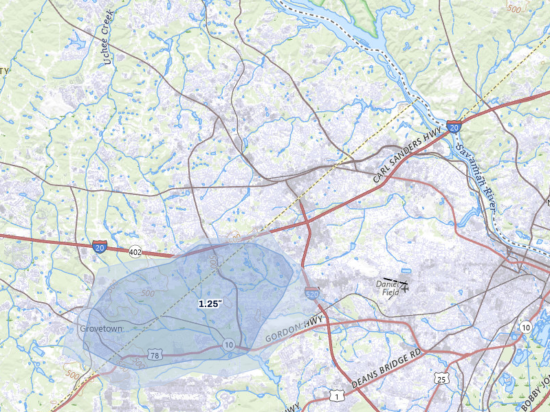 NEXRAD radar-signature map of the hail storm over Augusta, GA on Jul 10, 2026