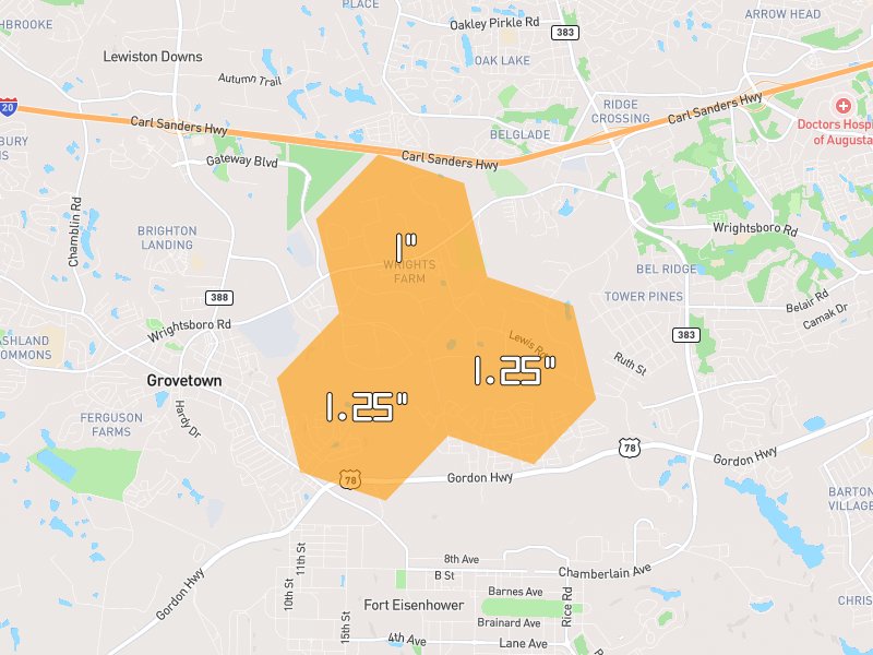Hail map of Augusta, GA on Jul 10, 2026, hail up to 1.25"