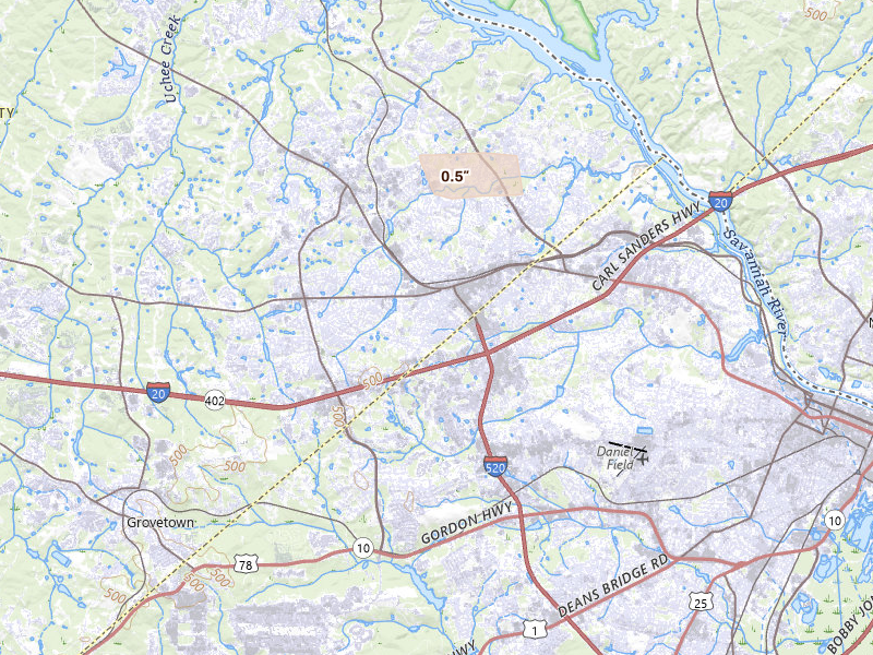 Radar-estimated hail-size map of the storm over Augusta, GA