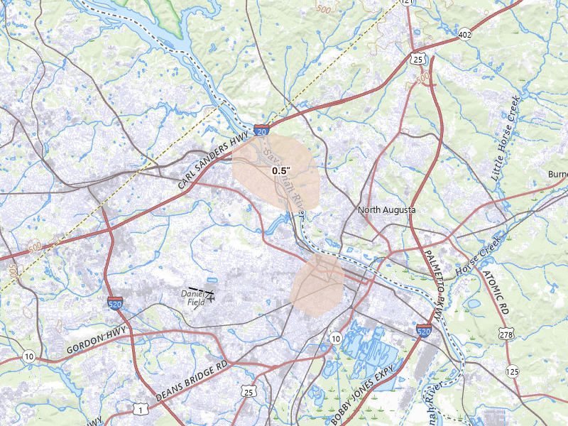 Radar-estimated hail-size map of the storm over Augusta, GA on Aug 6, 2026