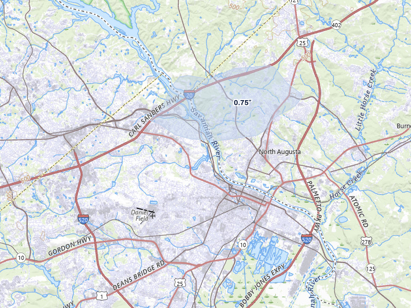 NEXRAD radar-signature map of the hail storm over Augusta, GA on Aug 6, 2026