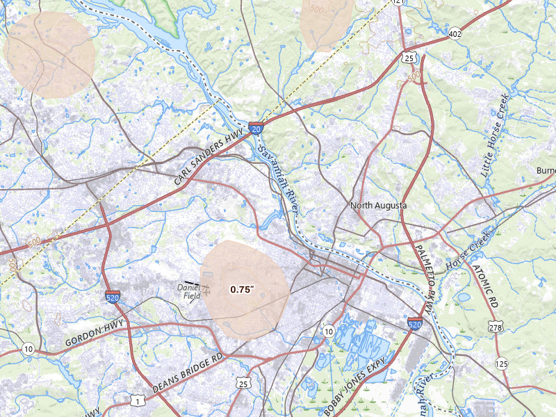 Radar-estimated hail-size map of the storm over Augusta, GA on Aug 14, 2026