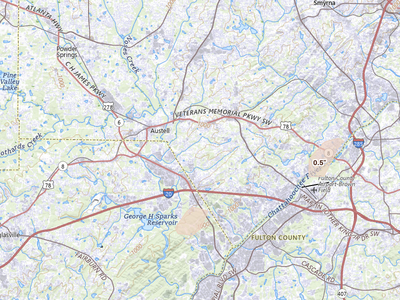 Radar-estimated hail-size map of the storm over Austell, GA on Jul 3, 2026